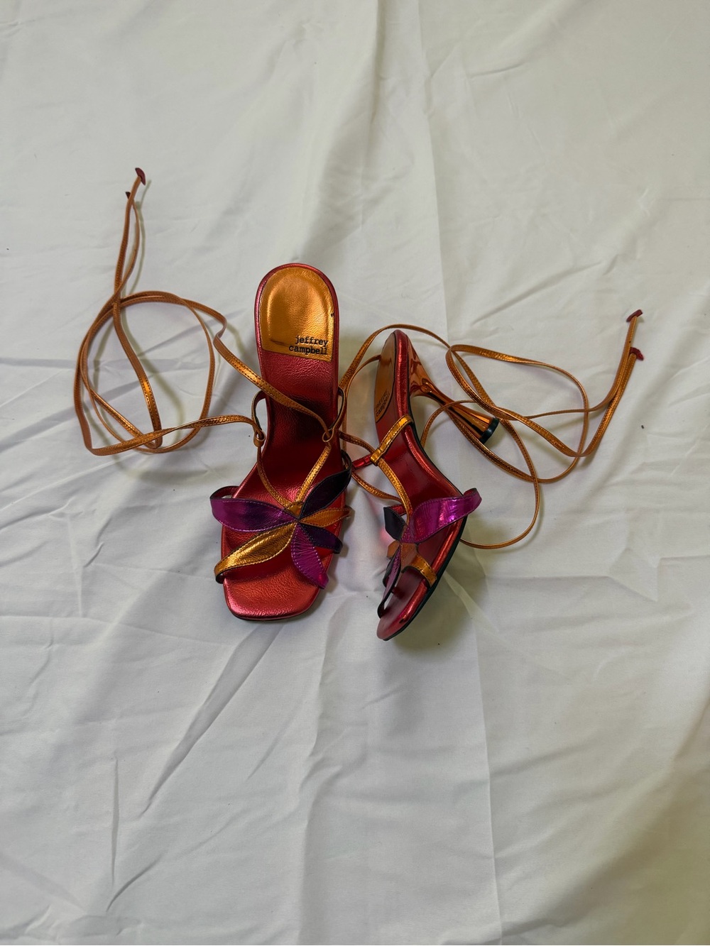 Jeffrey Campbell Metallic Pink and Orange Lace-Up Heels